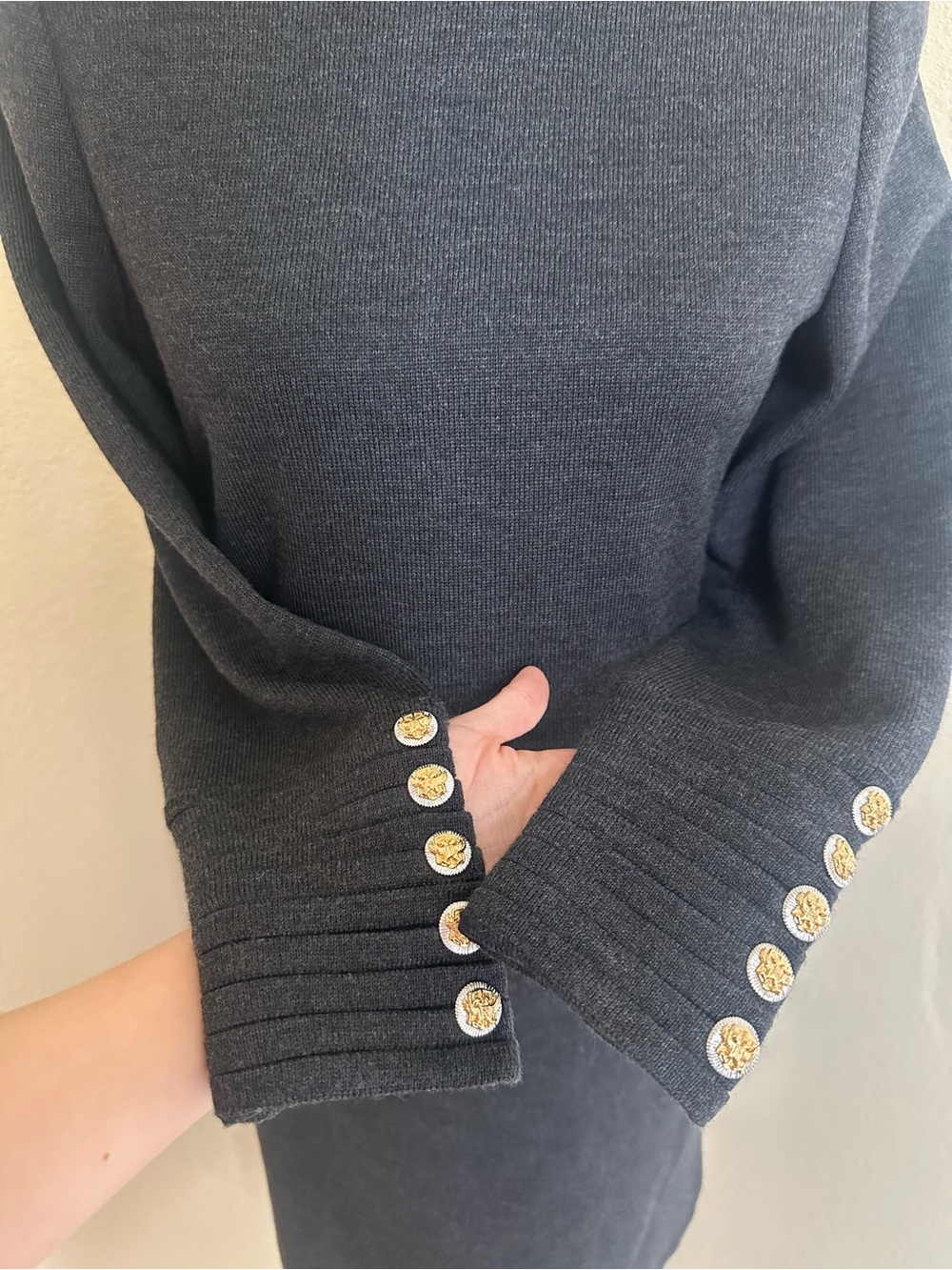 St John Marie Gray Knit Slate Grey Wool Dress Sz 4 Mock Neck Minimalist Luxury - Picture 8 of 10